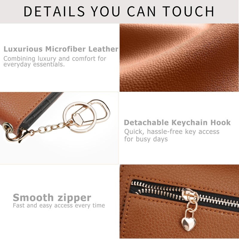Sunpour Women Small Wallet RFID Blocking Slim Wallet with Coin Pocket Tri-Fold Credit Card Holder with ID Window and Keychain(Brown＆Black) - Image 5